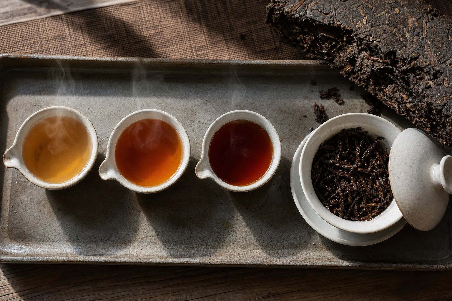 Dark tea cups showing pale early liquor beside deeper later liquor from a slowly opening brick piece