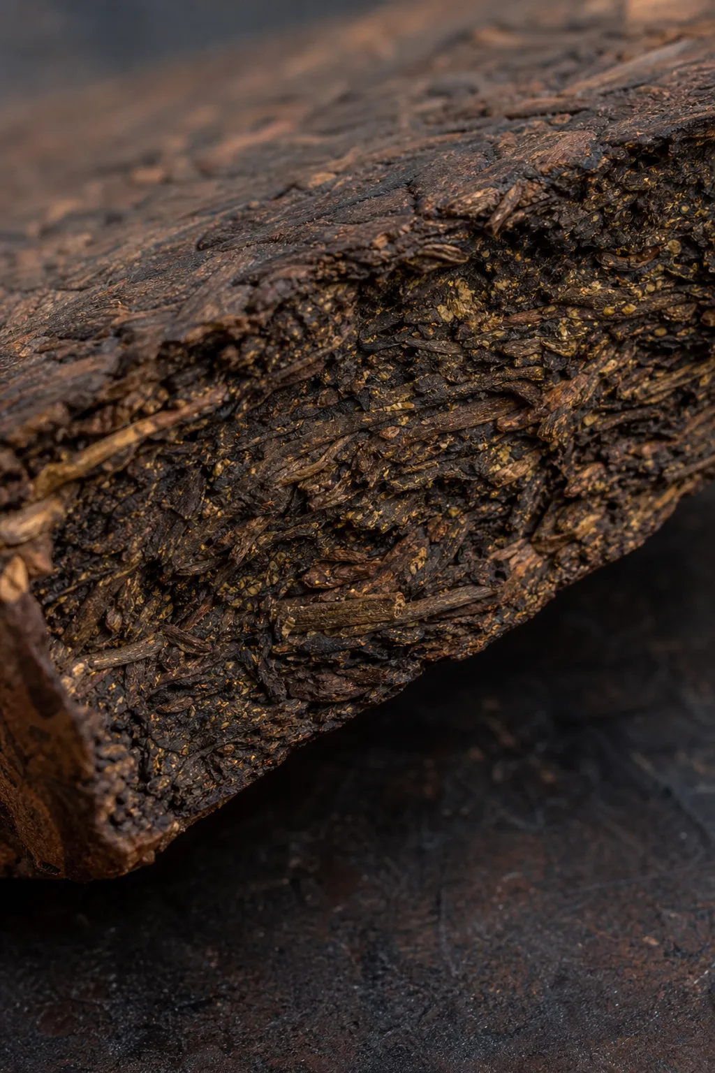 A broken edge of Fu Brick tea showing dry leaf material and yellow-gold specks inside the compressed brick.