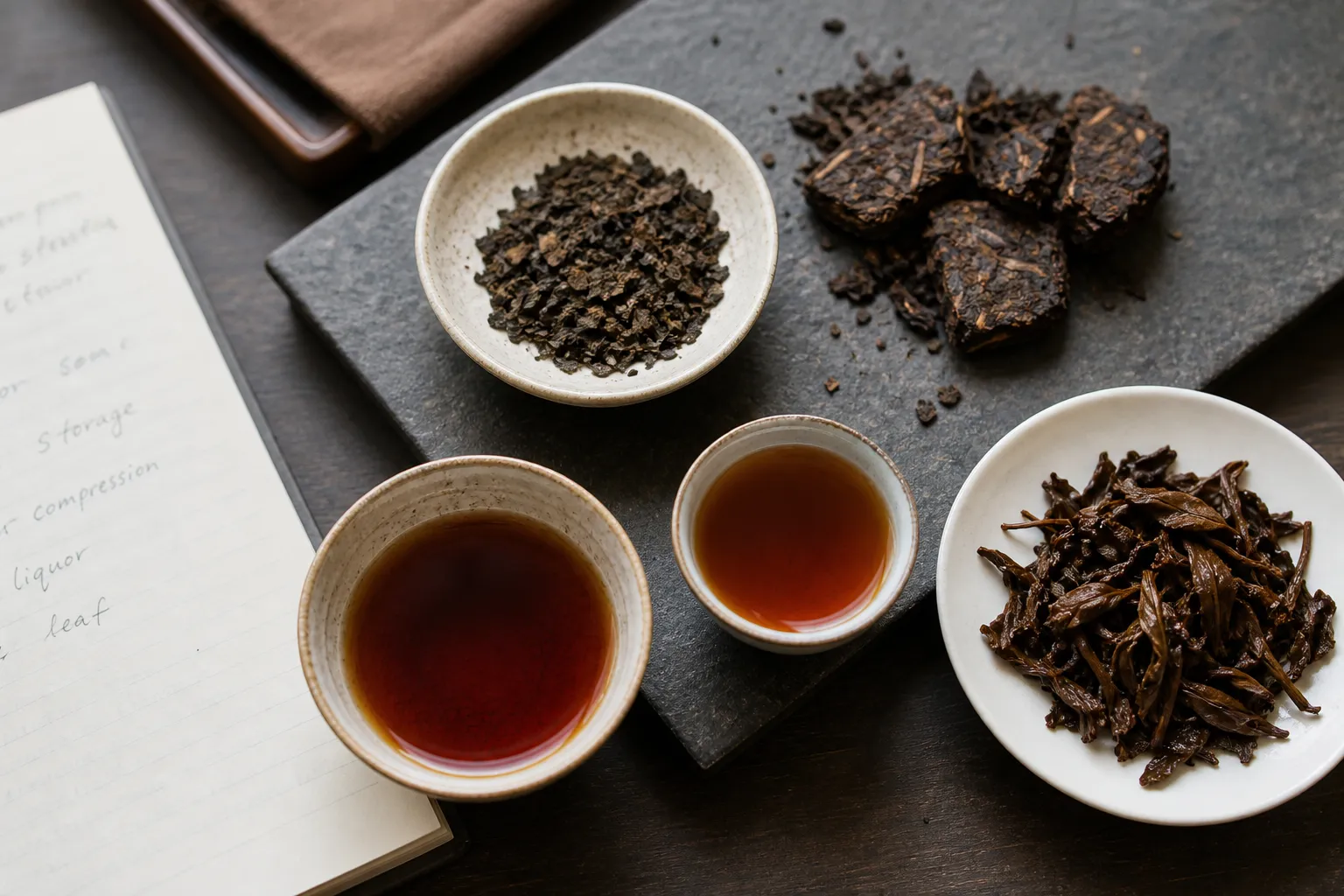 A tasting setup comparing compressed dark tea fragments, dry aroma, liquor color, and opened leaves