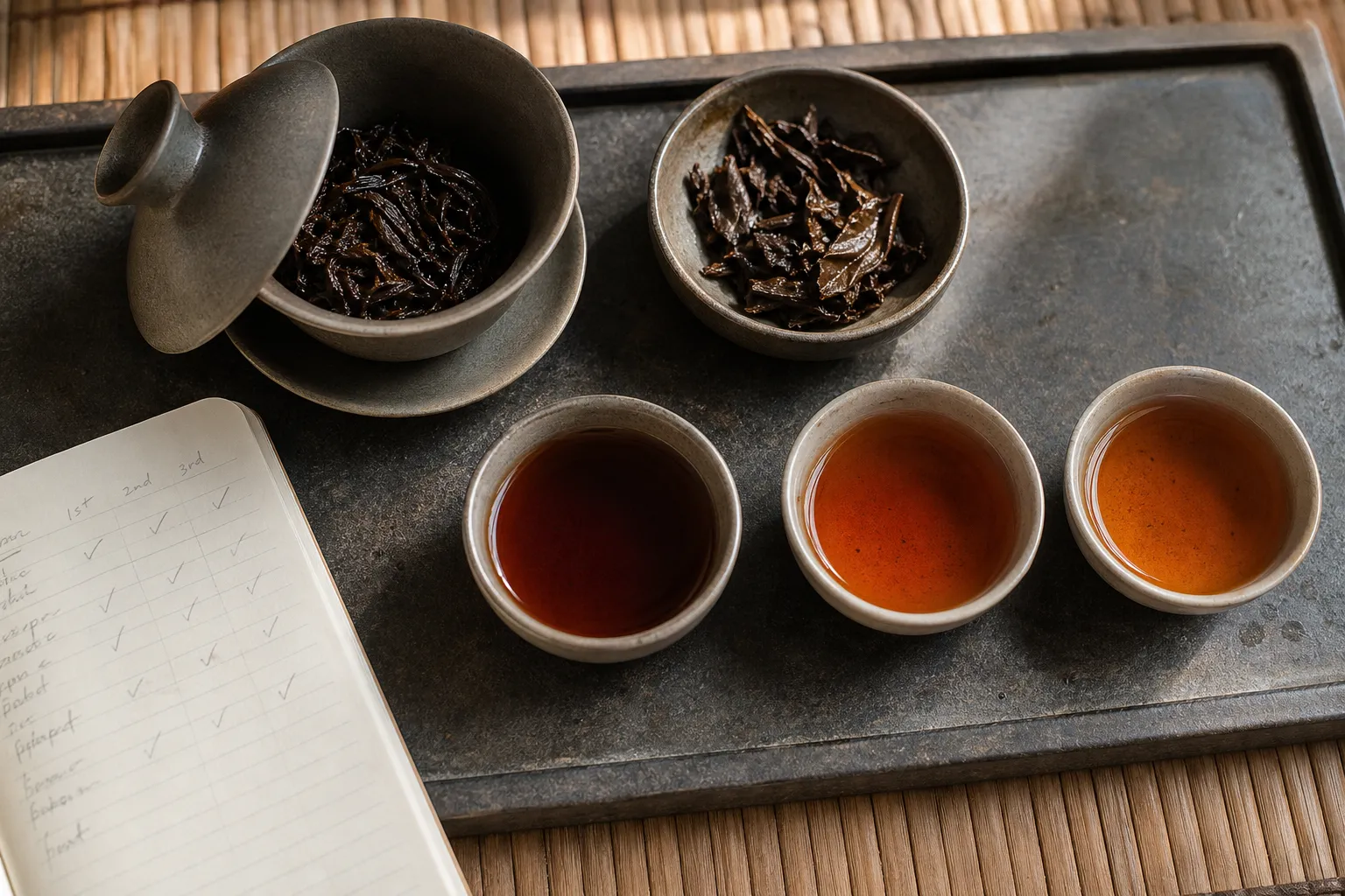 Dark tea leaves and three small infusions used to compare aroma, body, and finish over time