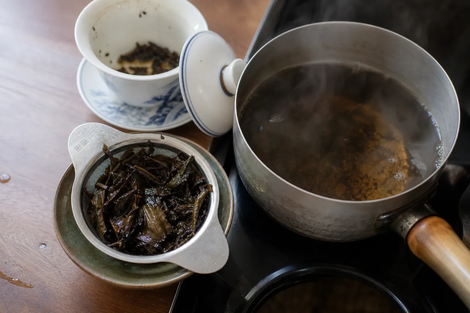 Opened wet dark tea leaves ready for a short simmer after normal infusions