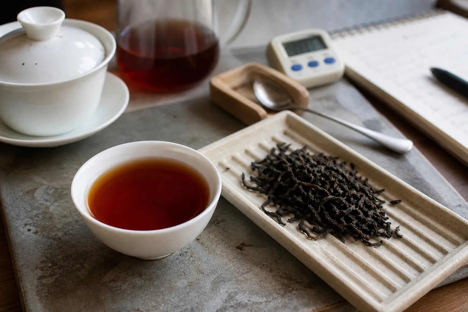 A small test cup of dark tea beside measured leaves for checking brew forgiveness