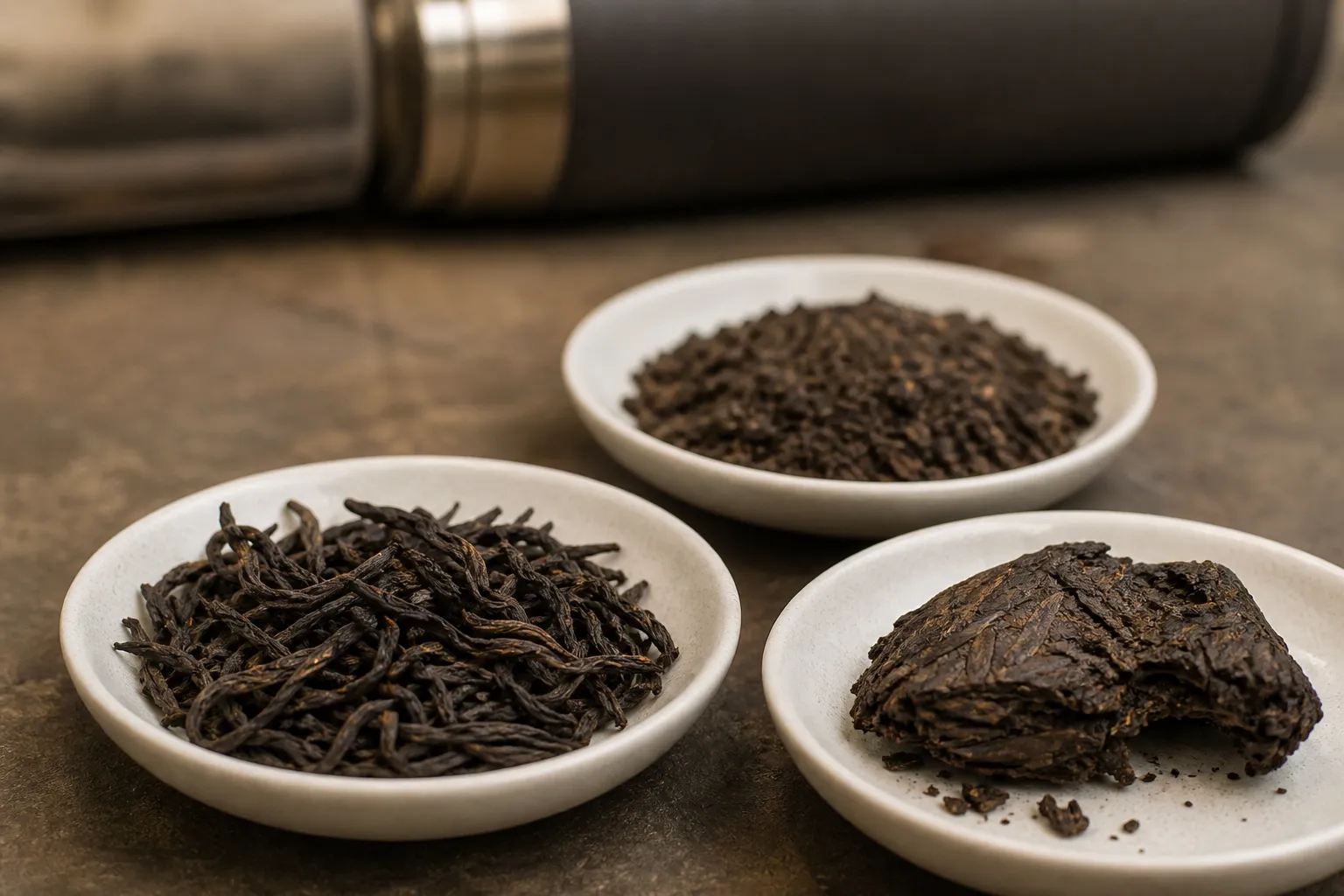 Loose dark tea leaves, broken fragments, and a compressed tea piece shown as different thermos brewing choices
