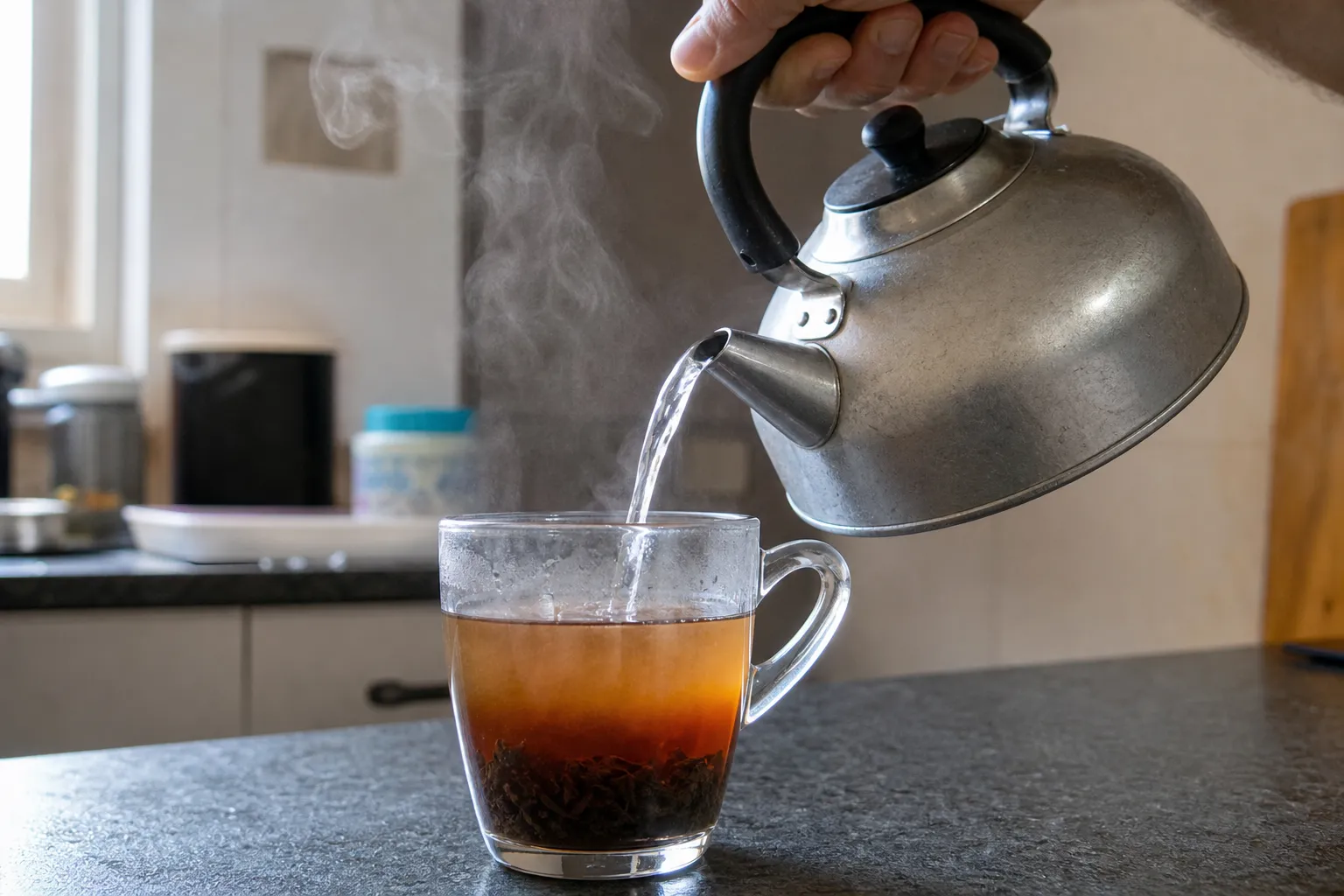 A mug of dark tea refilled while some liquor remains in the cup