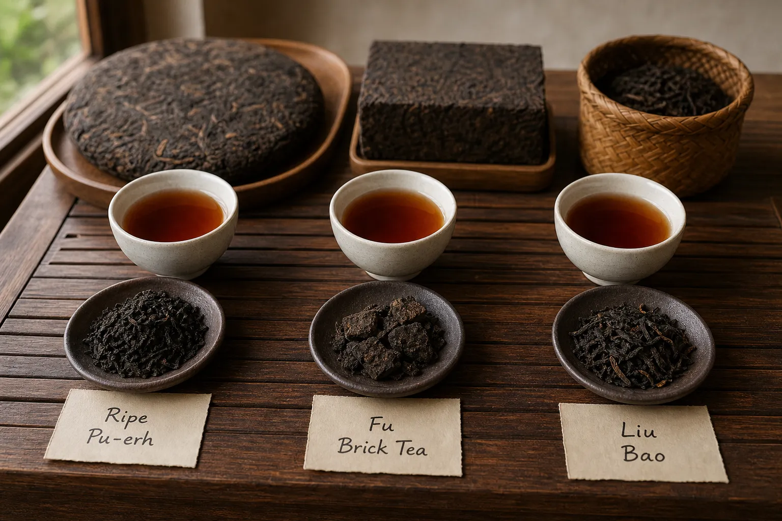 Small samples of ripe Pu-erh, Fu Brick Tea, and Liu Bao prepared for comparing smooth finishes