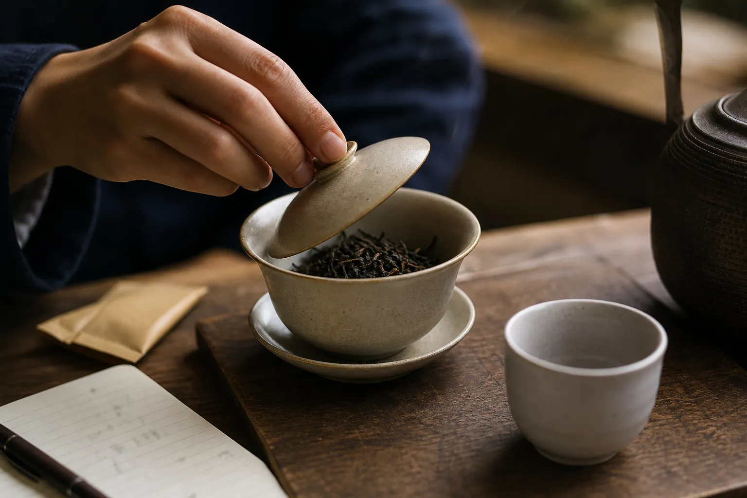 Dark tea leaves being warmed in a dry vessel before brewing to check aroma