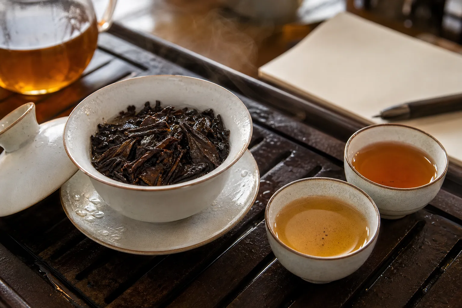 Rinsed compressed dark tea leaves in a vessel with pale liquor beside a darker cup cue