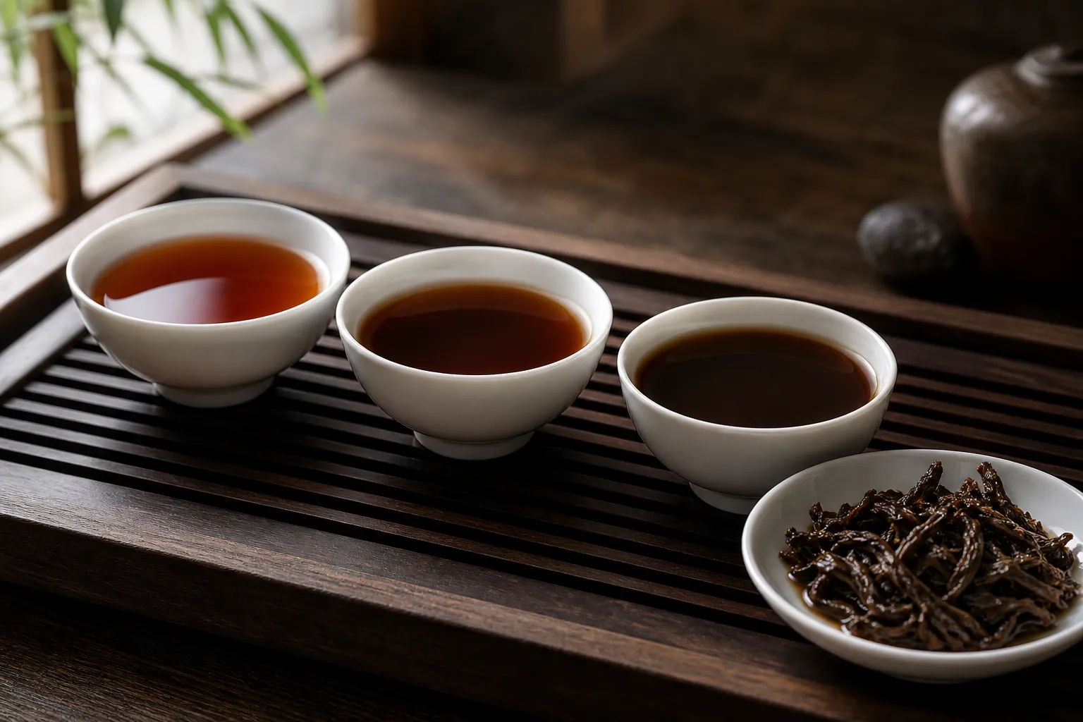 Side by side dark tea cups showing liquor color changes after an opened compressed piece brews faster
