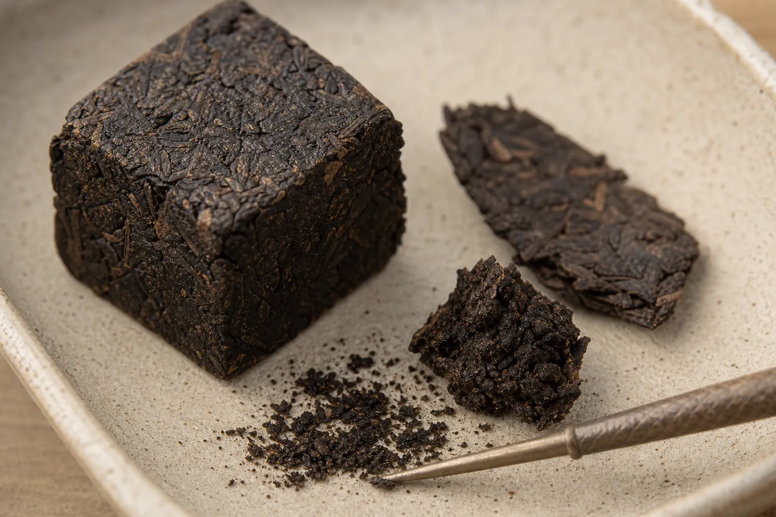 Different compressed dark tea fragments showing a dense chunk, thin flake, loose corner, and fine dust