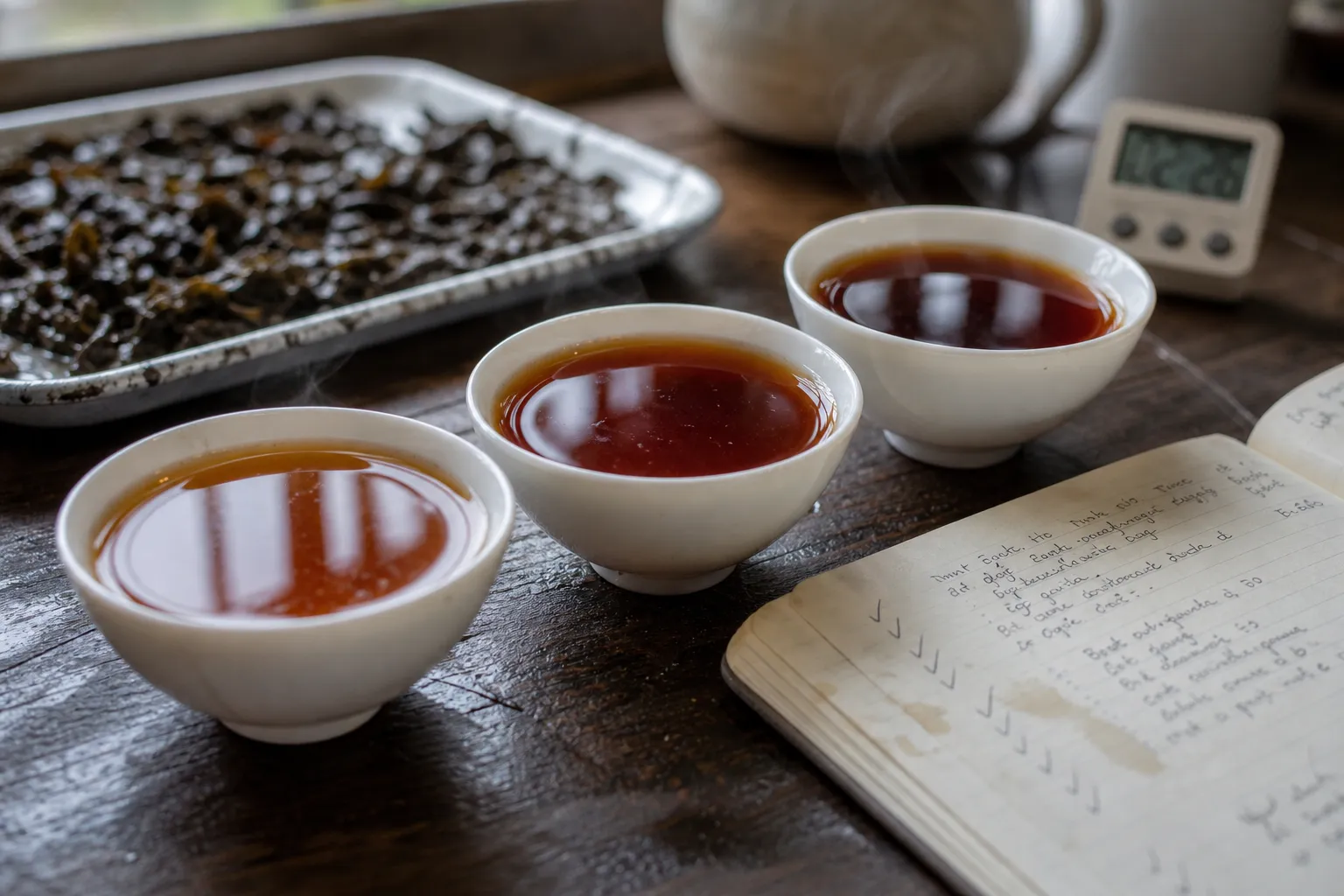 Dark tea cups showing different liquor depth beside notes for aroma, body, and finish