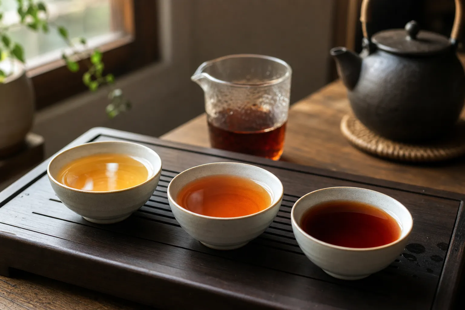 Dark tea cups showing different liquor colors for judging steeping strength during a simple daily routine