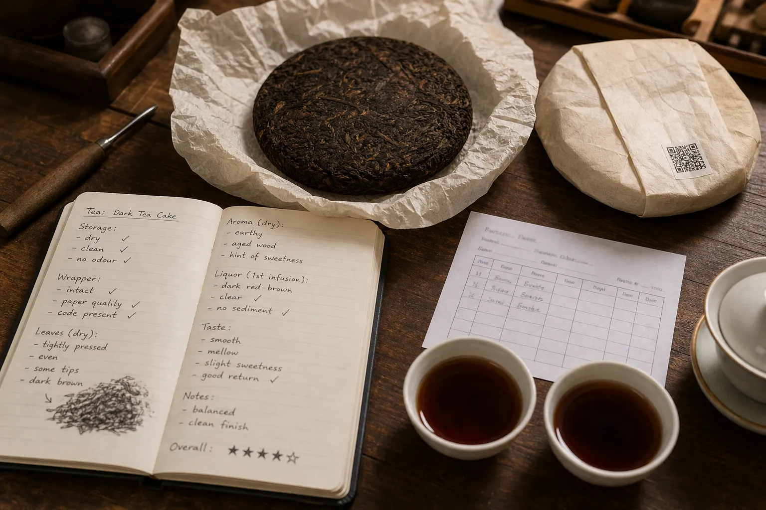 Dark tea cake, wrapper, QR mark, and tasting notes checked together before buying