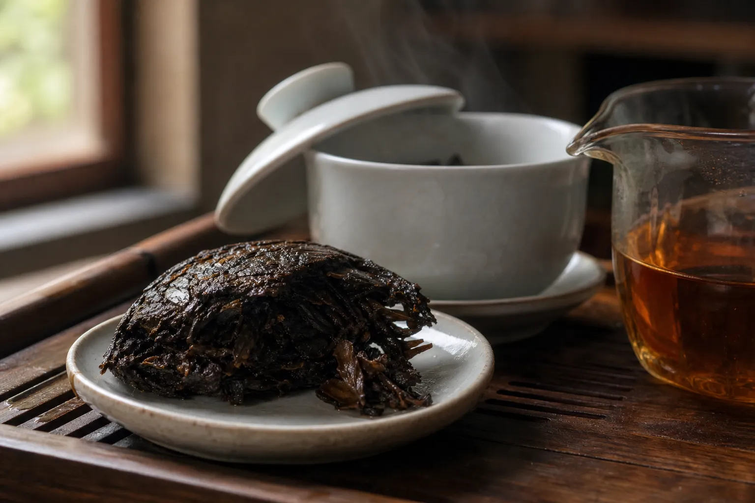 A rinsed compressed dark tea piece beginning to loosen beside a gaiwan and amber-brown tea liquor.