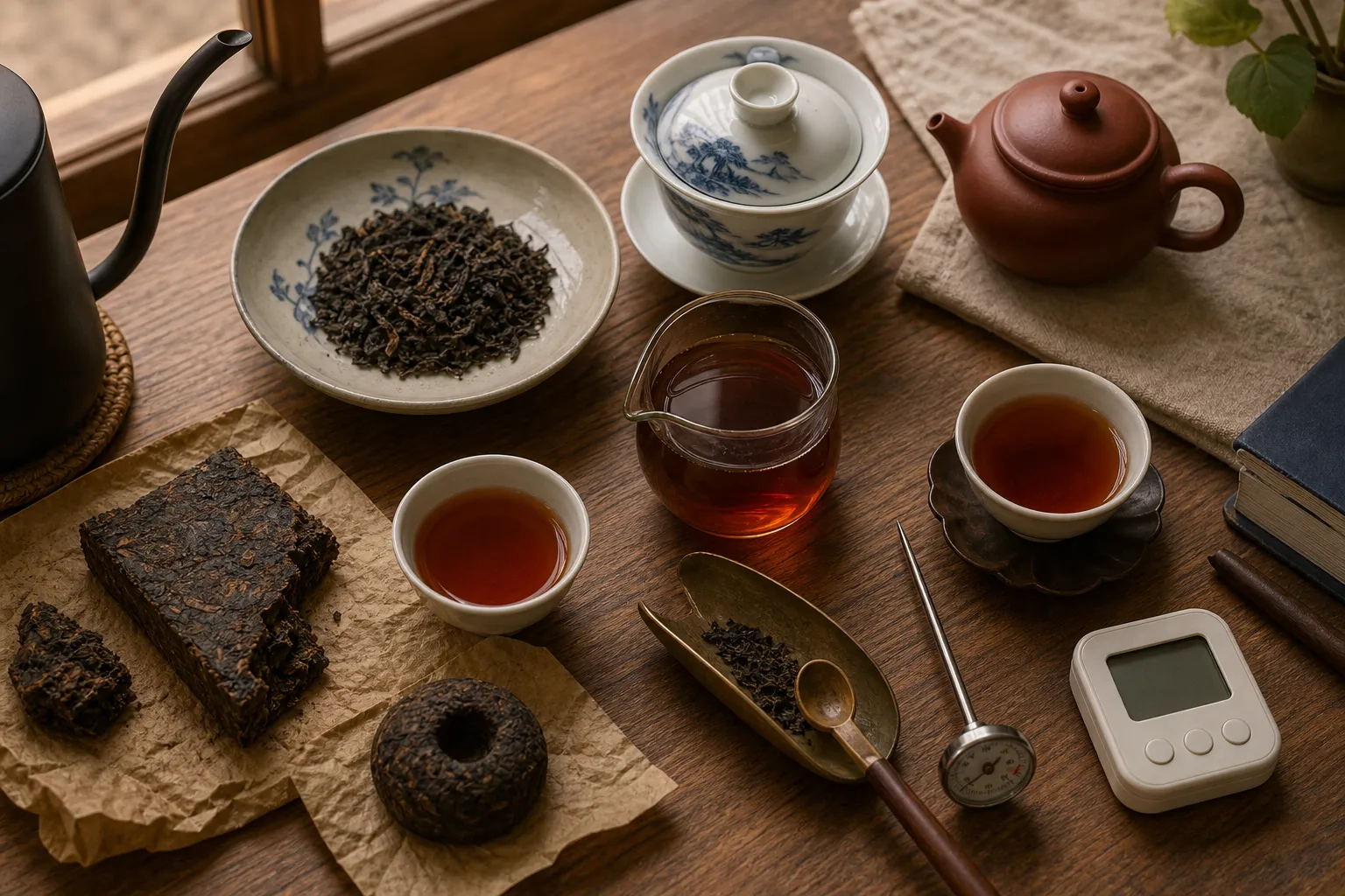 Loose dark tea, compressed pieces, a small brewing vessel, and cups arranged to show the main brewing controls.
