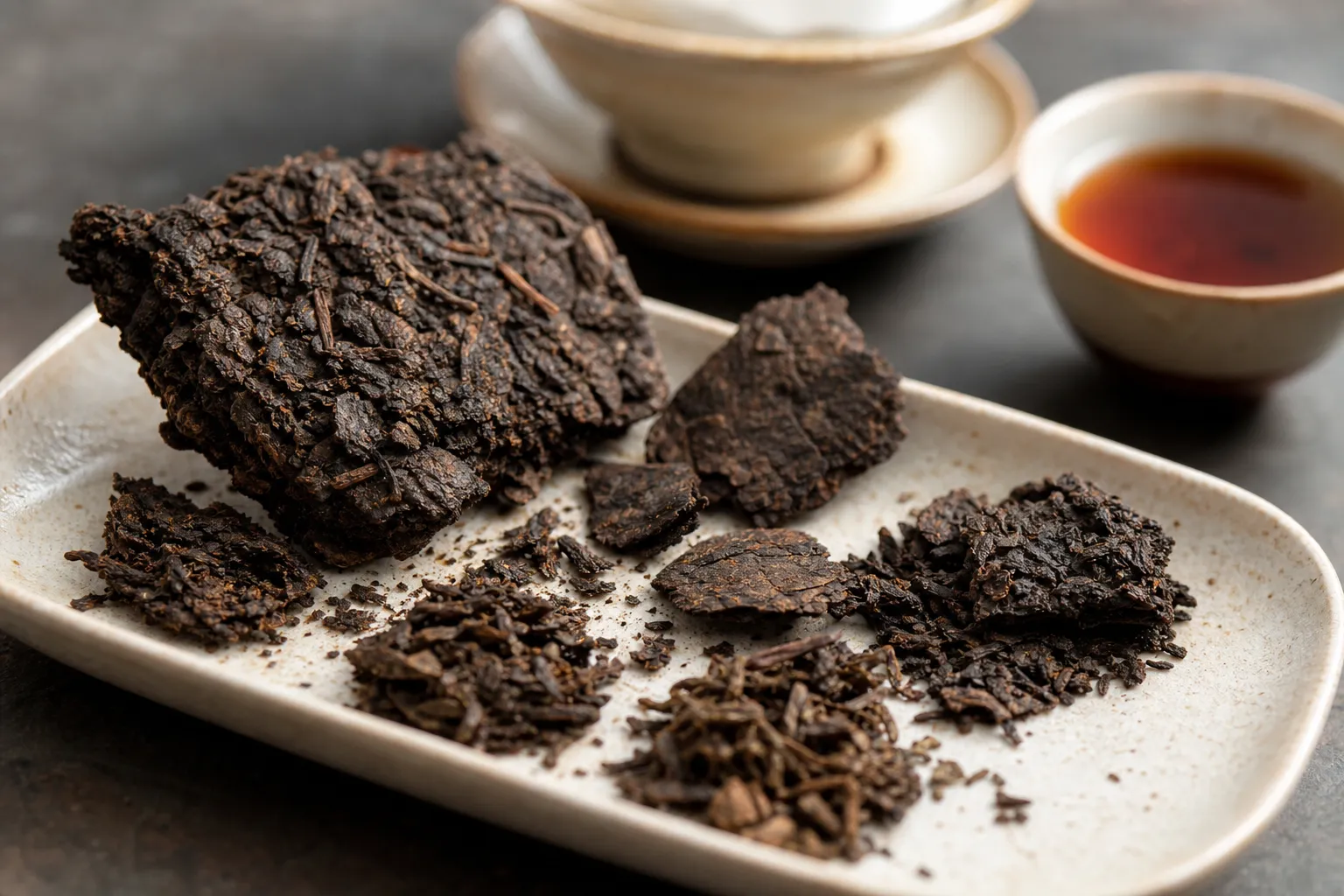 Broken compressed dark tea pieces with chunks, flakes, and crumbs ready for brewing