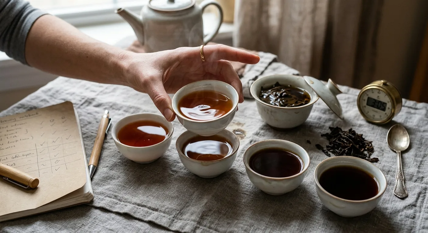 Dark tea cups showing different liquor depth used to decide the next steep