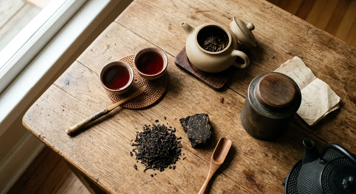 Dark tea forms, brewed liquor, and storage materials arranged as an everyday practice map