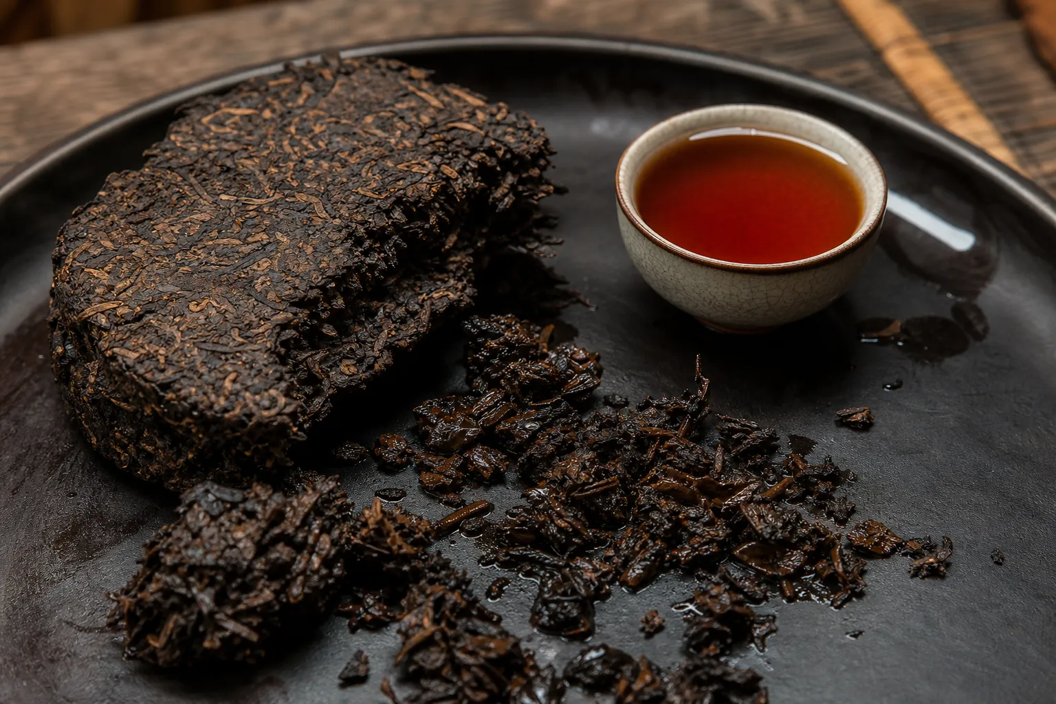 A loosened piece of compressed dark tea beside brewed leaves and a tasting cup