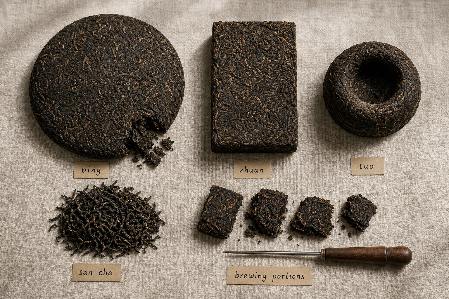 Bing cake, zhuan brick, tuo nest, and loose dark tea shown as practical shape examples