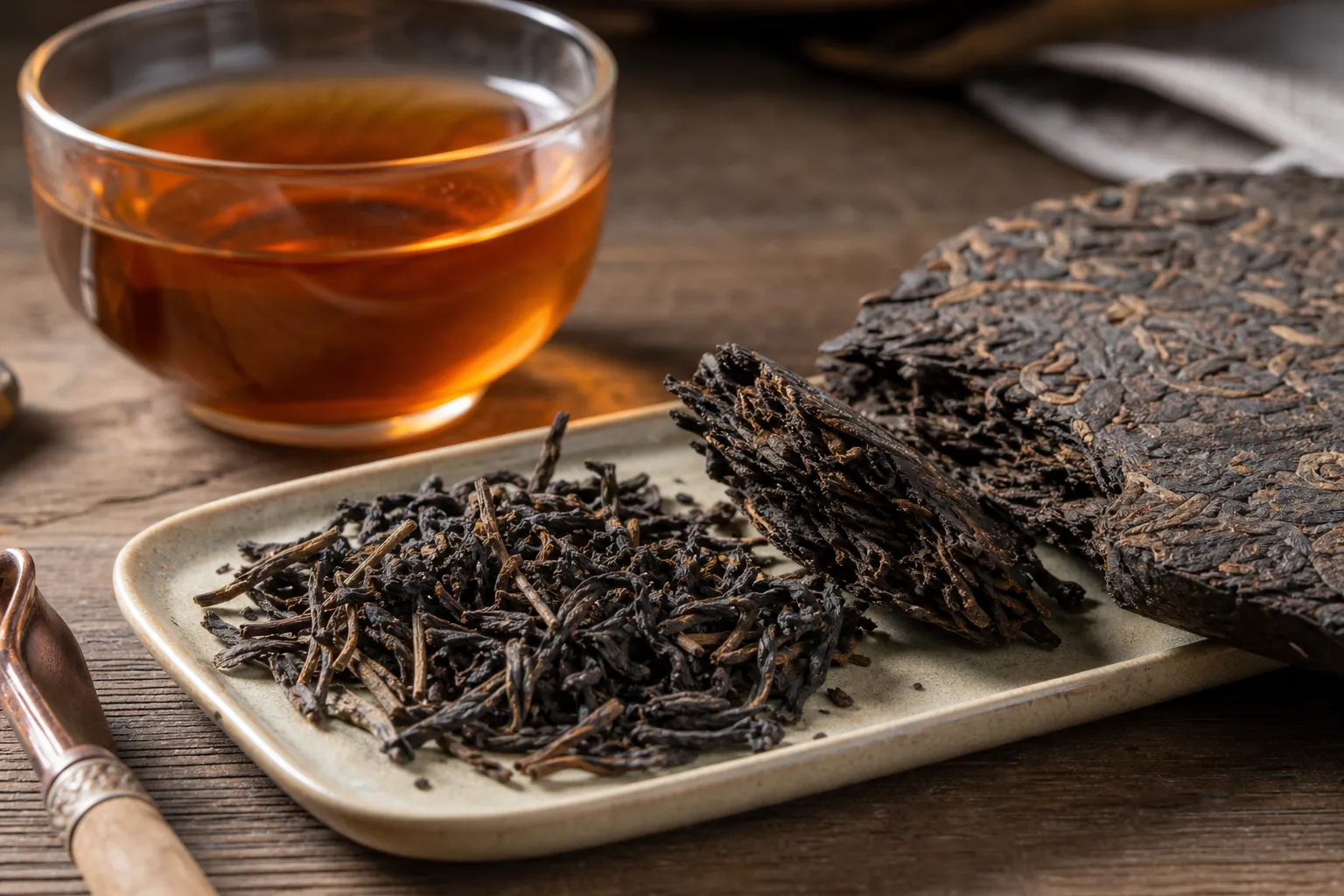 Dry dark tea leaves, a compressed tea edge, and brewed liquor used to check a label claim