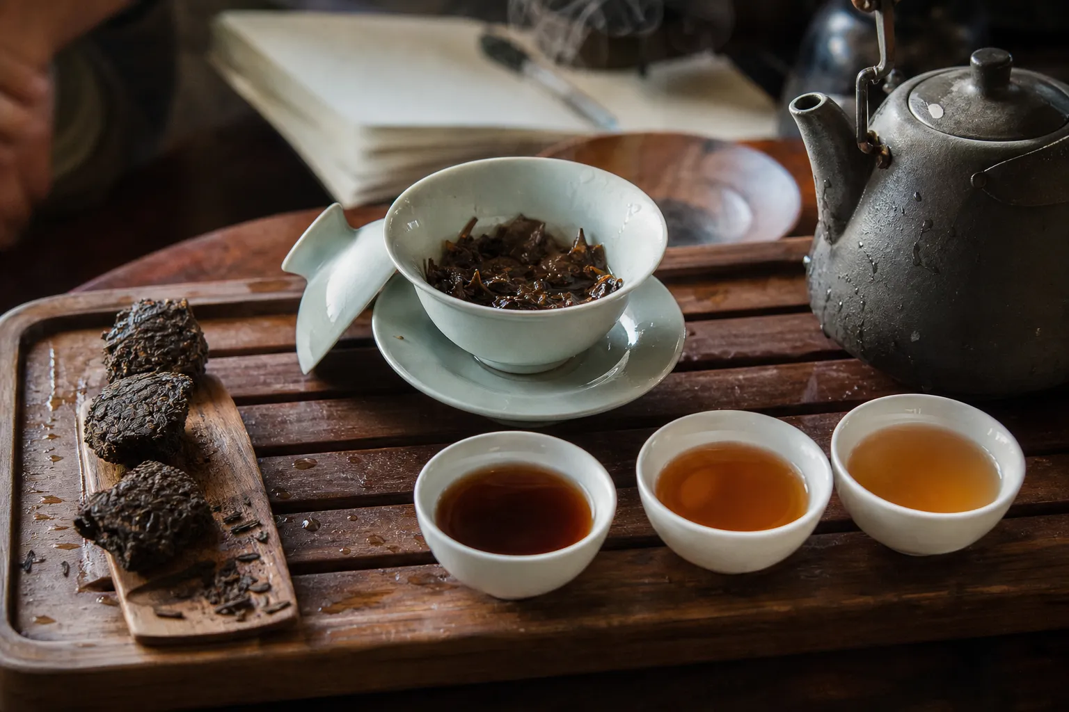 A small dark tea brewing test with compressed leaf pieces, amber liquor, and cups showing color and extraction changes
