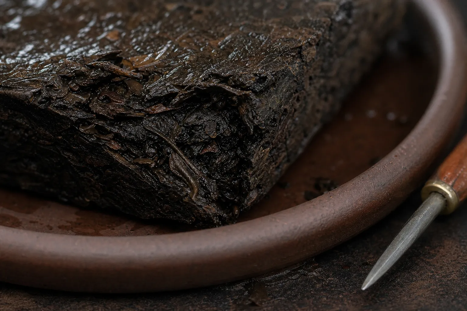 Compressed dark tea edge after rinsing with softened outer layers and tighter inner folds