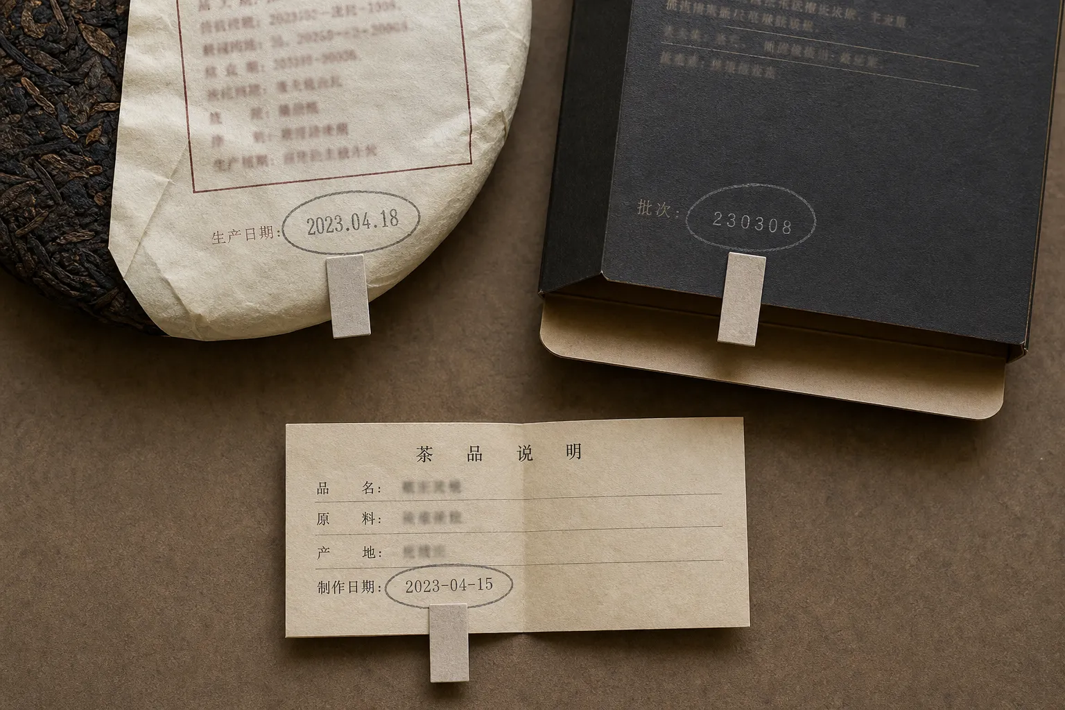A dark tea package detail showing date-like numbers that need checking against wording, recipe codes, and batch placement