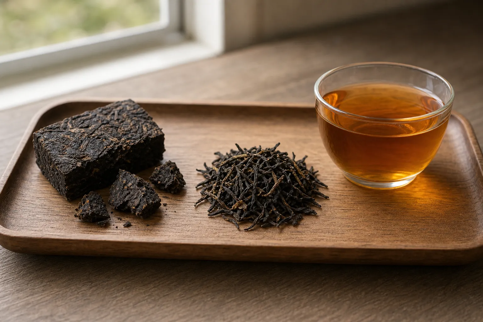 Compressed dark tea pieces, loose tea, and brewed liquor compared for form and storage clues