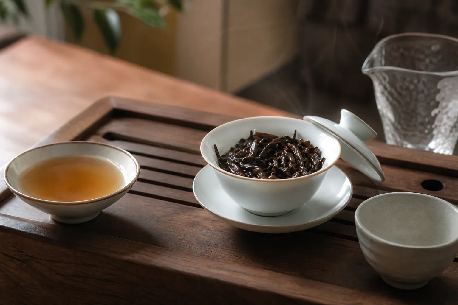 Rinsed dark tea leaves beside a light brown rinse showing color and leaf opening cues