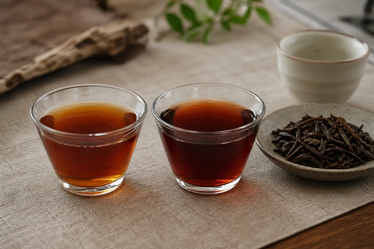 Two dark tea cups with different liquor colors used for aroma, body, and finish comparison