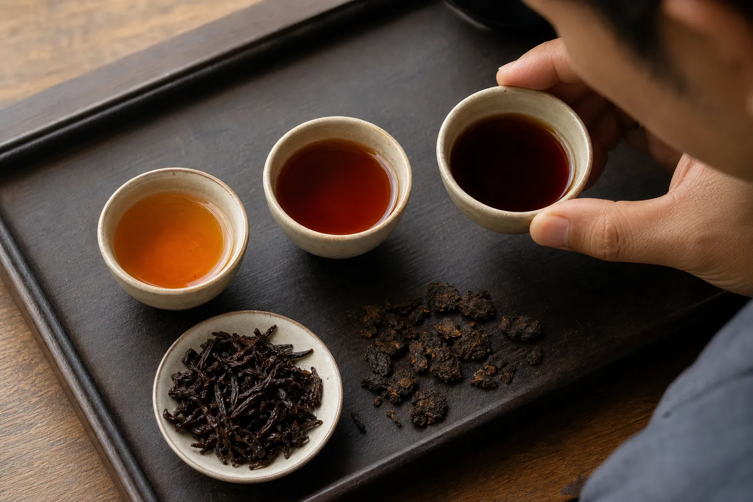 Dark tea cups showing different liquor depth beside wet leaves used to compare color aroma and body
