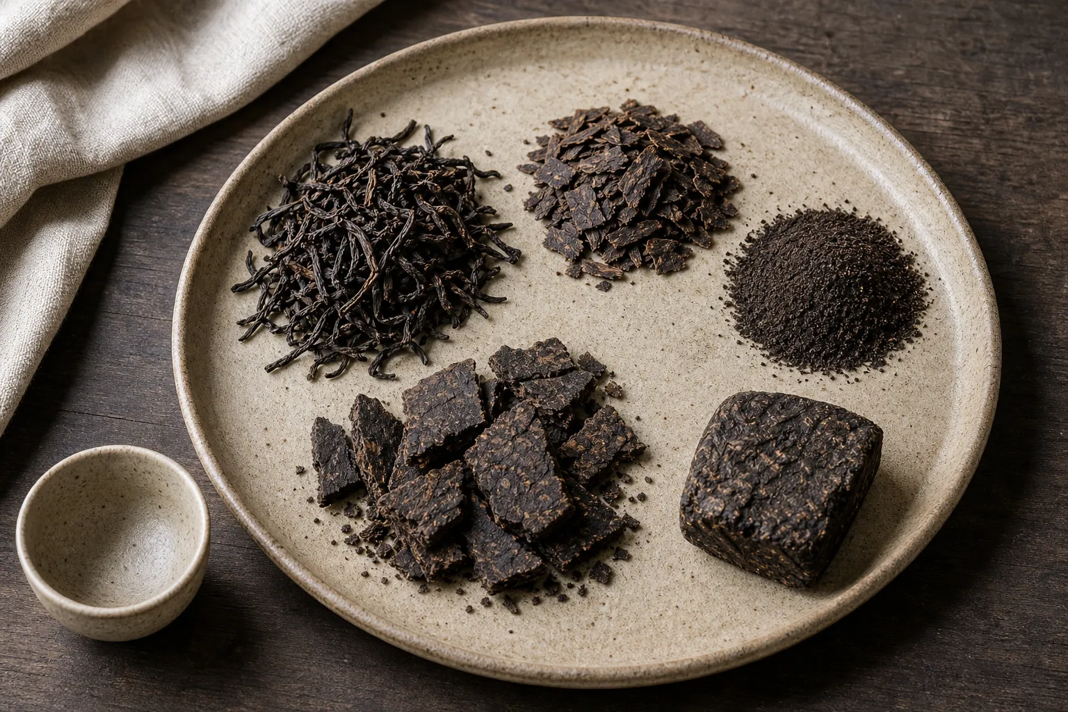 Loose dark tea leaves, broken brick flakes, and a tight compressed piece arranged to compare how leaf form changes brewing time