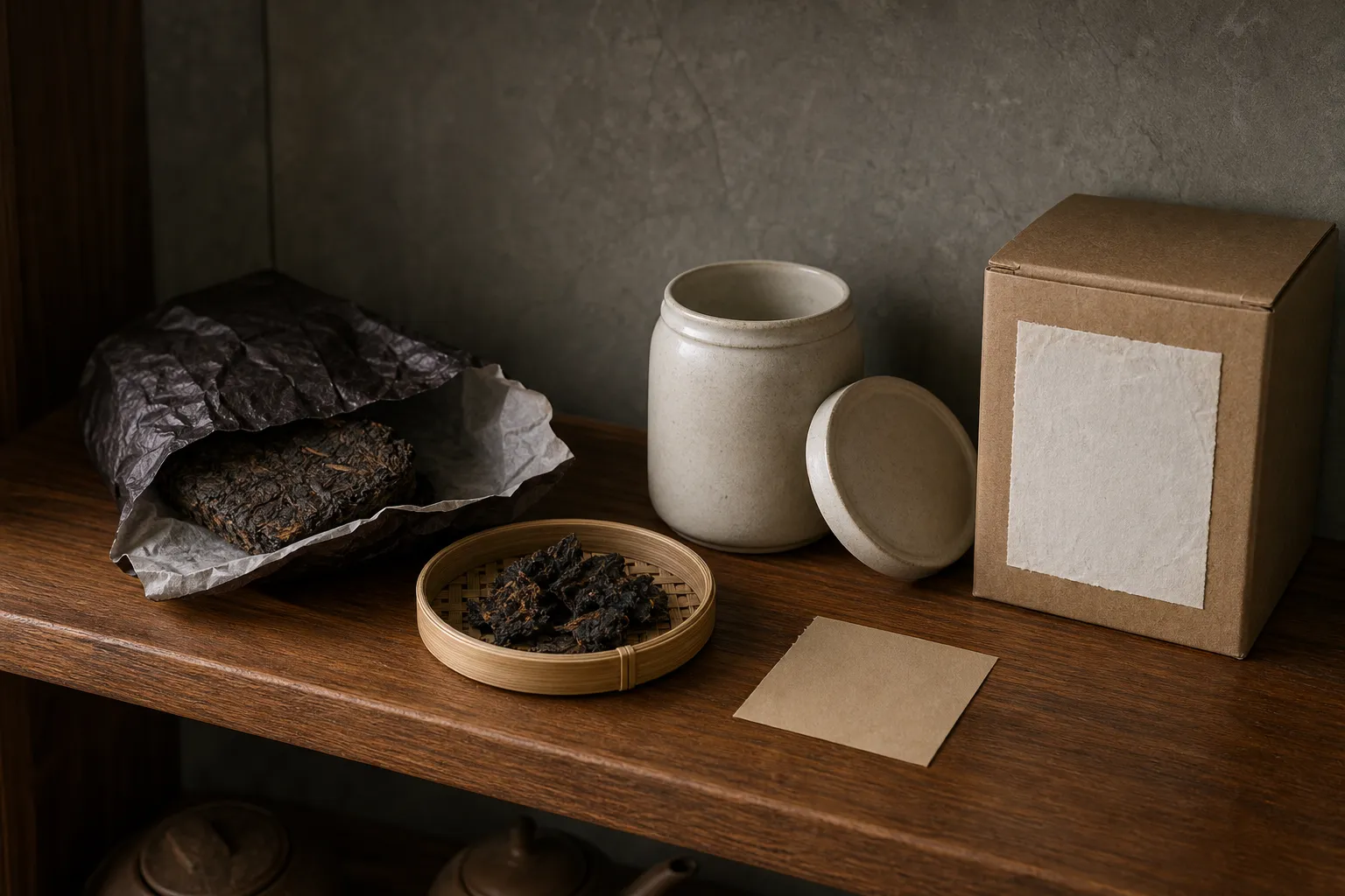 Opened dark tea pieces stored in clean containers away from light and strong odors