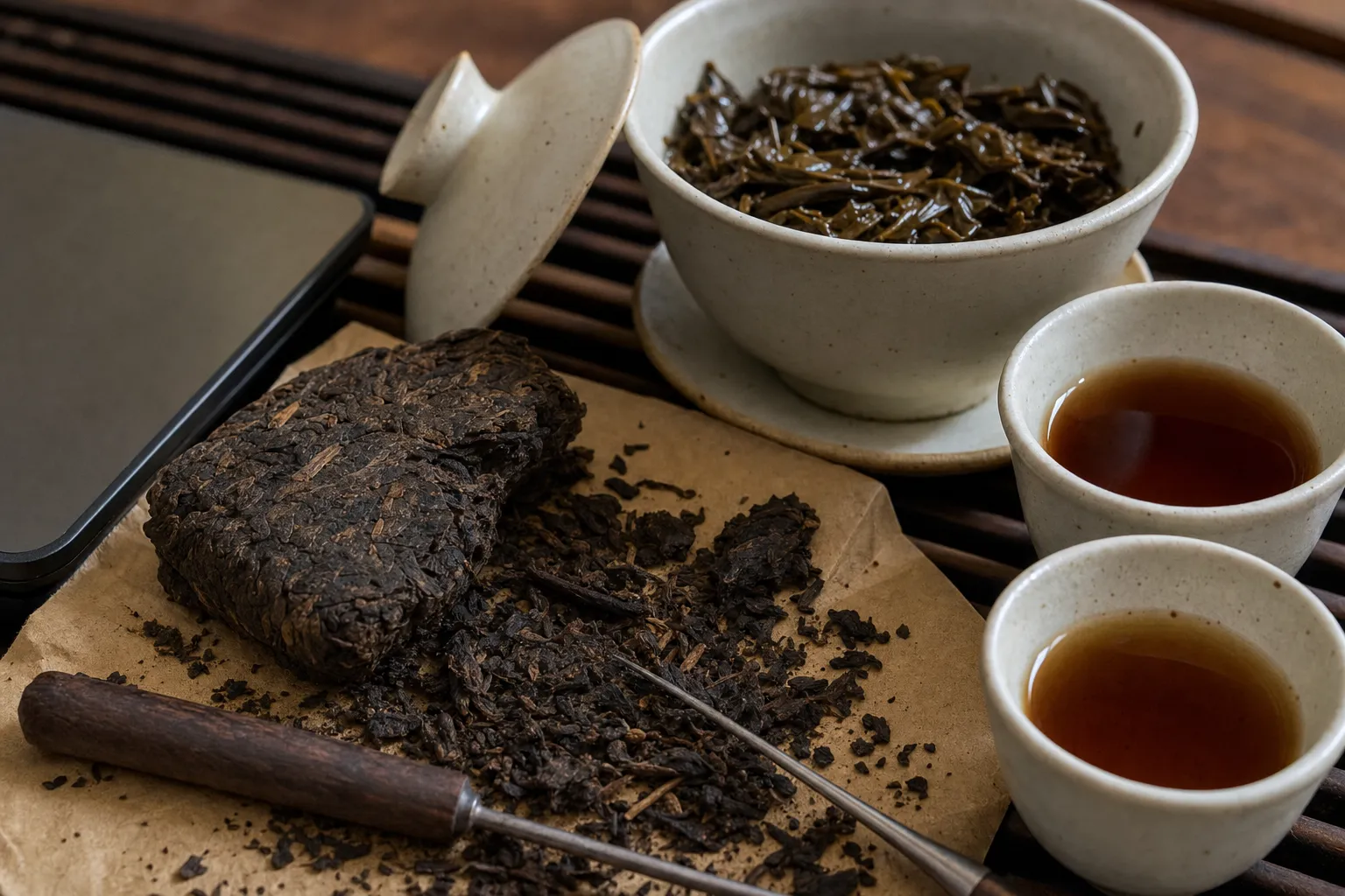Compressed dark tea pieces and loose fragments prepared for brewing to compare dosing and extraction