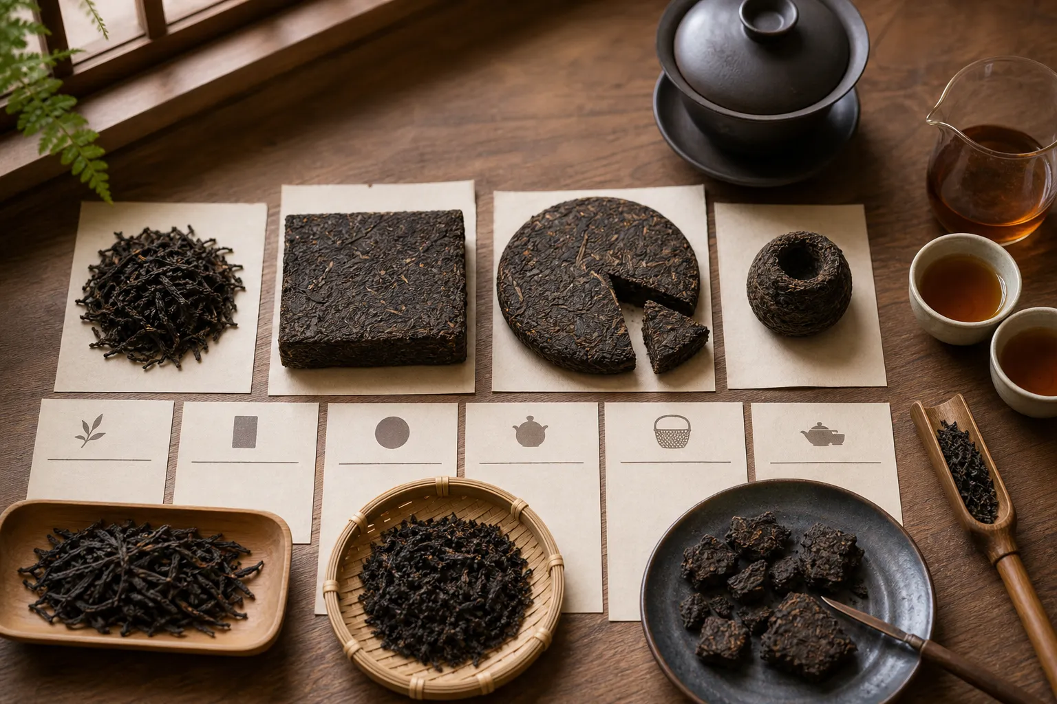 Loose dark tea, compressed bricks, cakes, and small broken samples arranged for comparing tea family, form, and brewing use