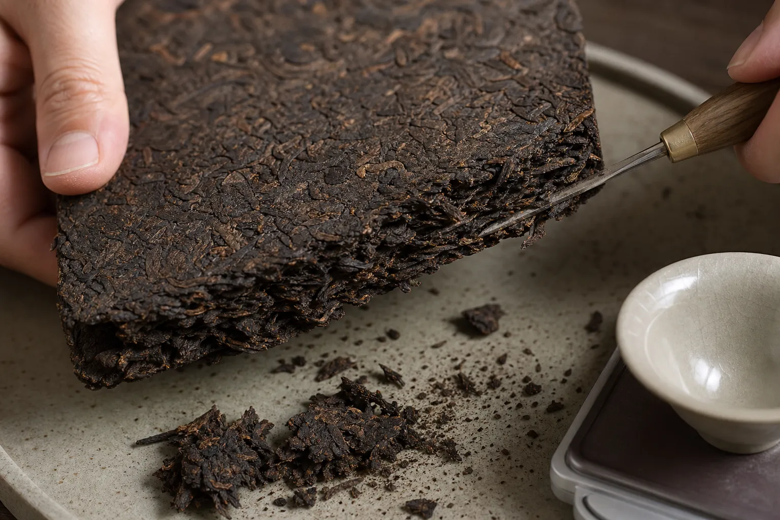 A compressed dark tea brick edge being loosened into intact flakes and smaller fragments for brewing