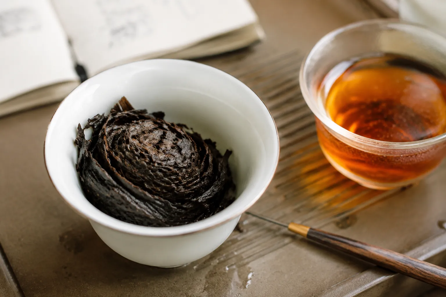A rinsed compressed dark tea fragment with loosened edges and a tighter center beside amber rinse liquor