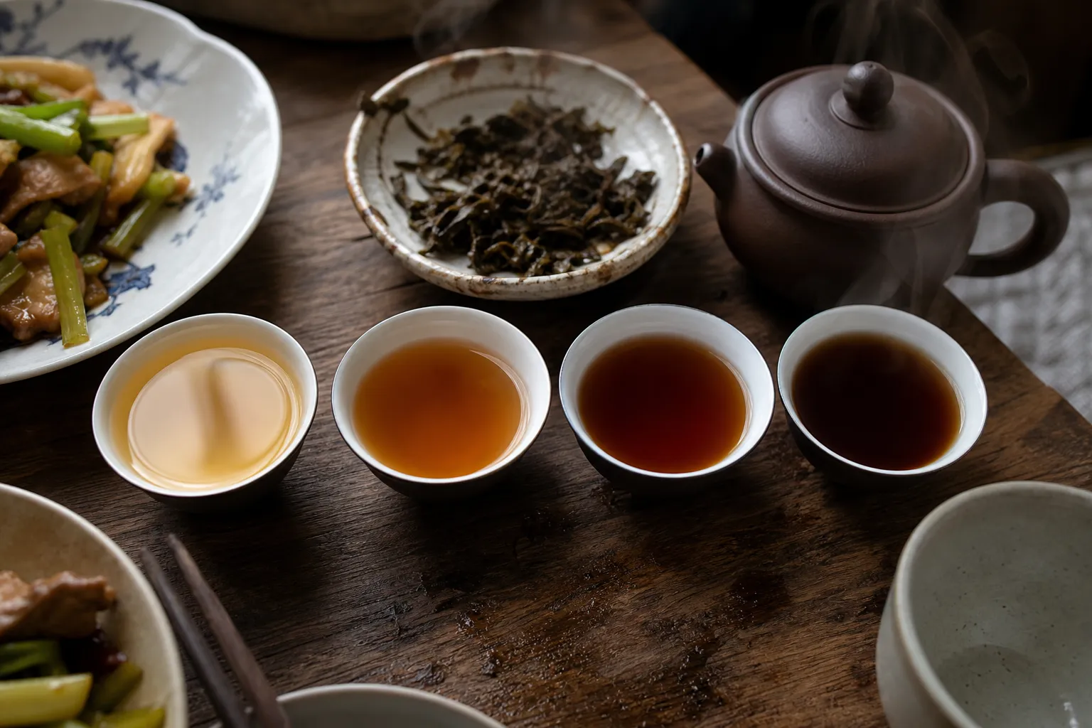 Dark tea infusions changing from lighter to deeper cups during a meal