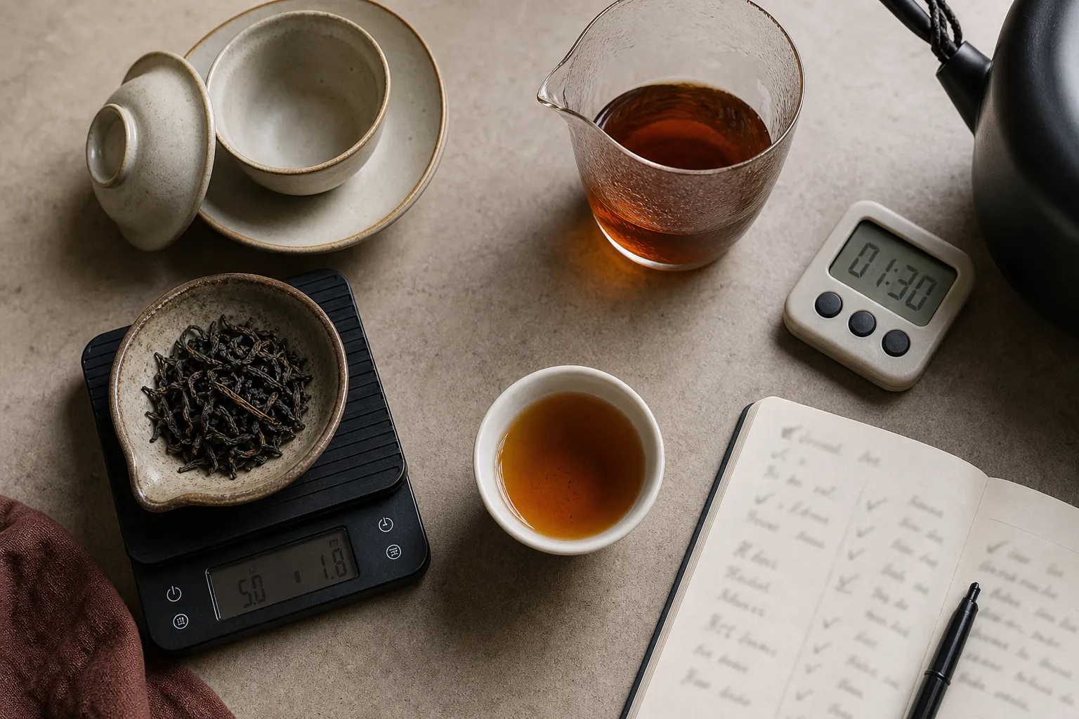 Measured dark tea leaves with a small vessel and cup showing a repeatable brewing setup