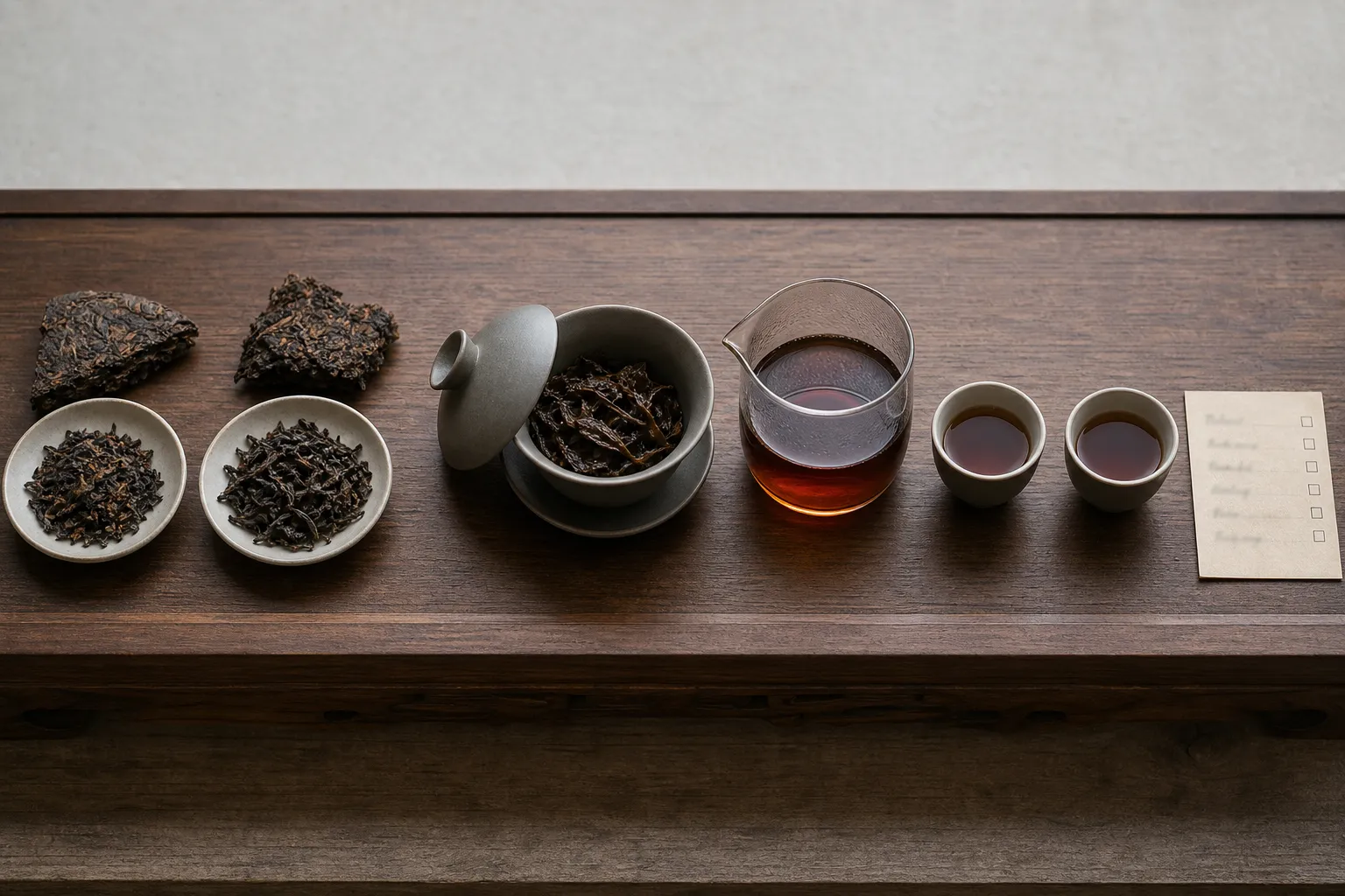 A small tasting setup for checking ripe Pu-erh dry leaf aroma, warmed leaf aroma, liquor clarity, and body