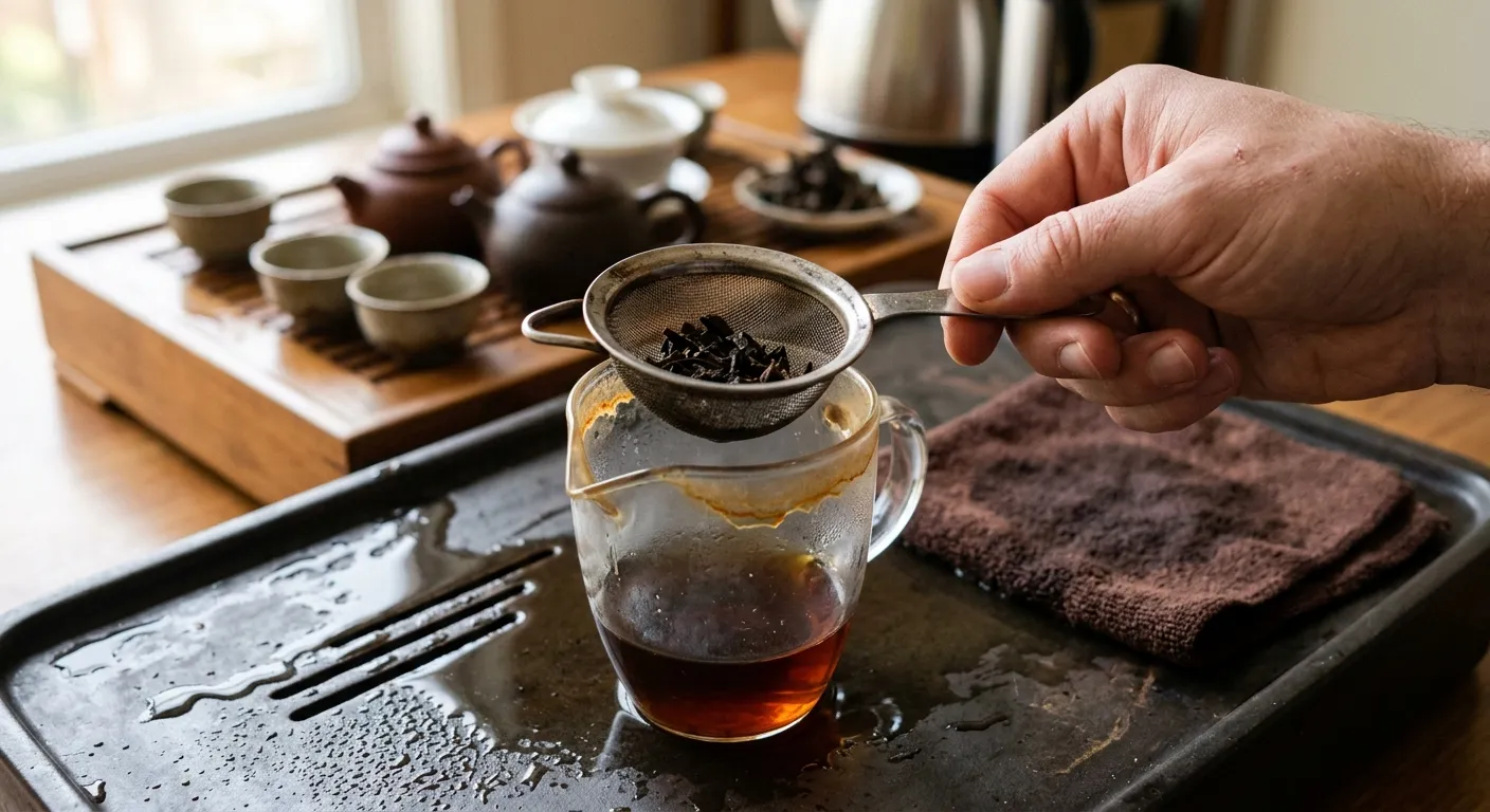 A fairness cup, strainer, damp cloth, and tea tray being checked for film, fragments, and standing water after dark tea brewing