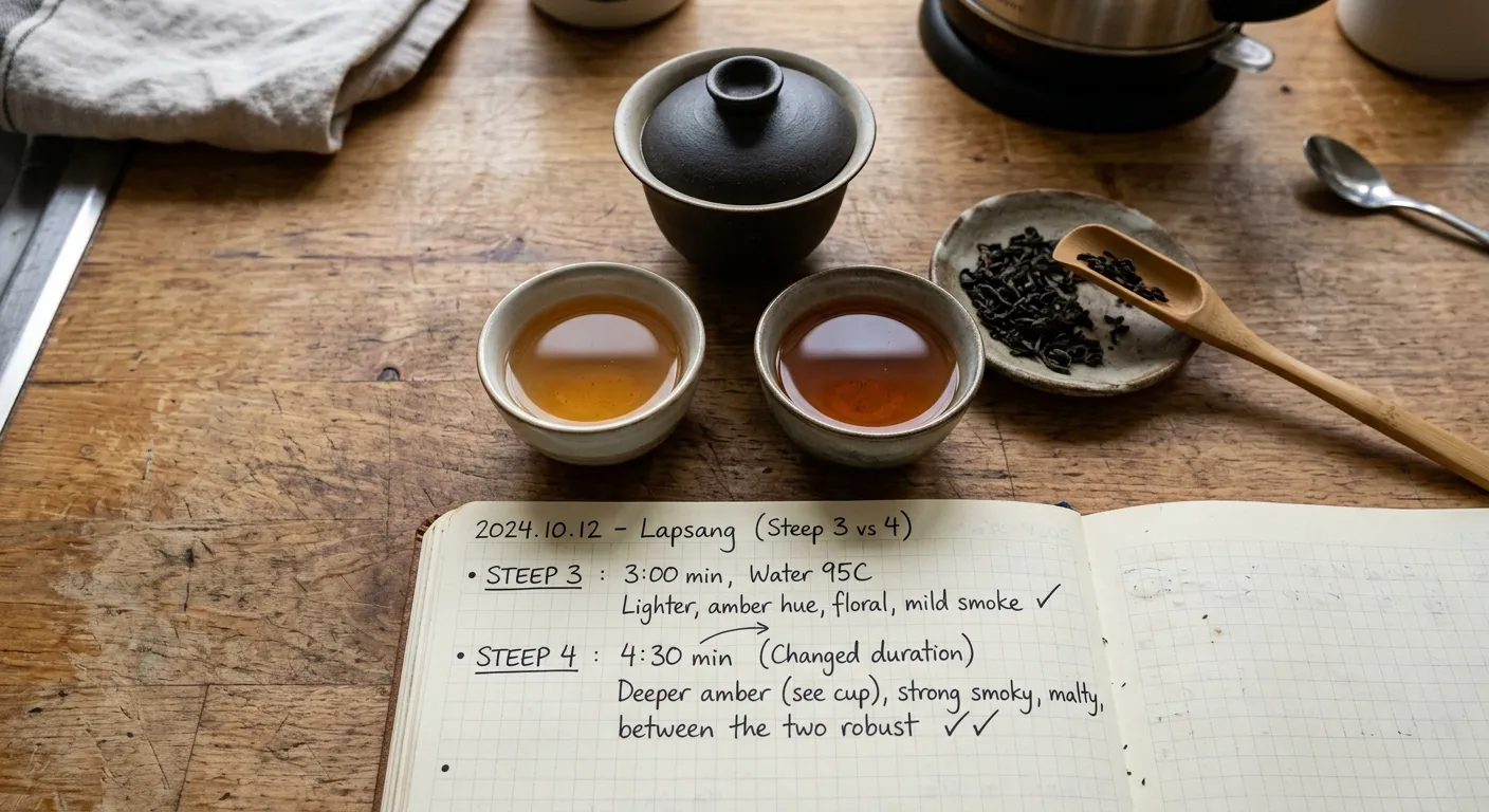 Dark tea cups and a short tasting note showing how one variable changes from a thin cup to a fuller cup