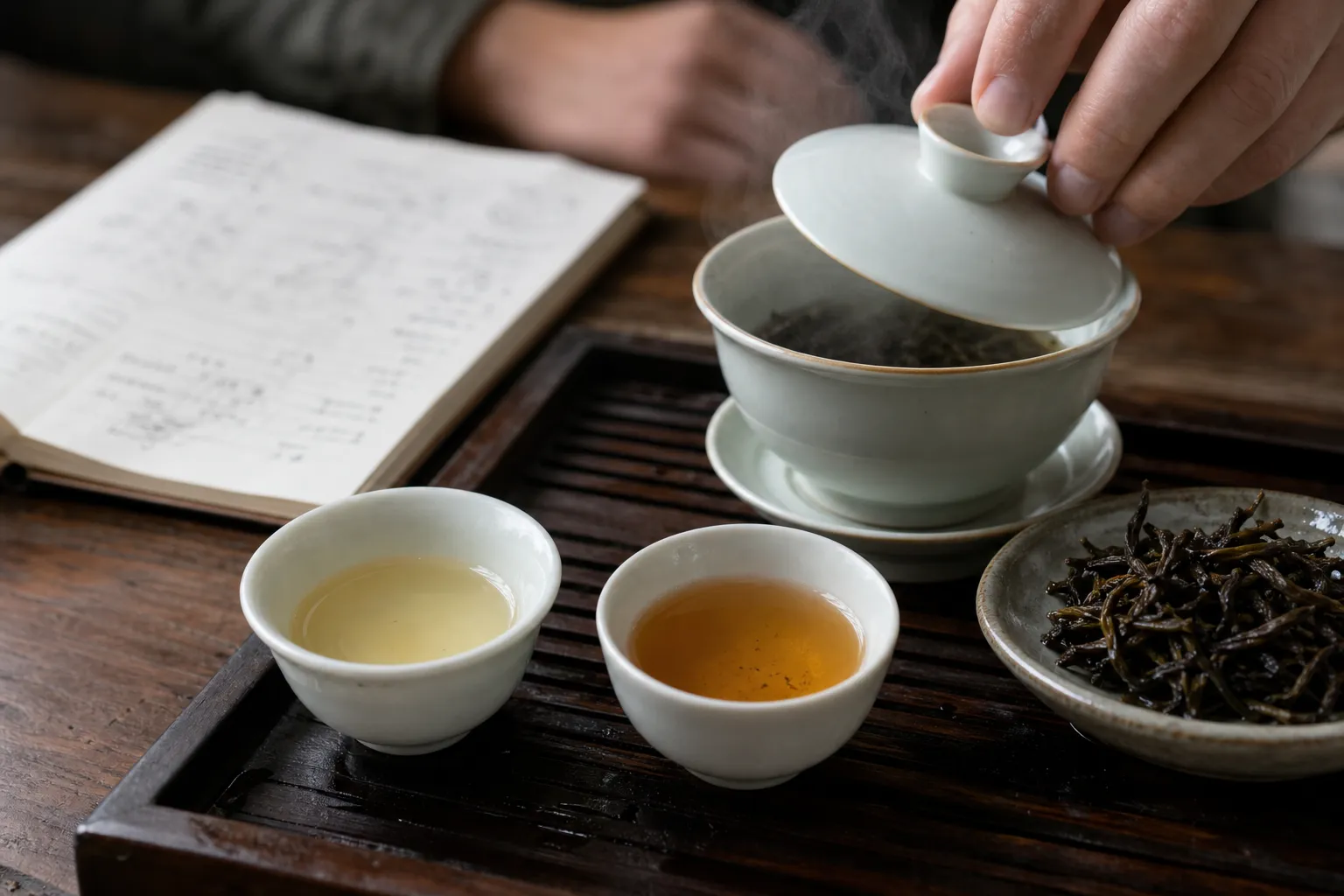 Two small cups of dark tea showing different liquor strength after short gongfu infusions