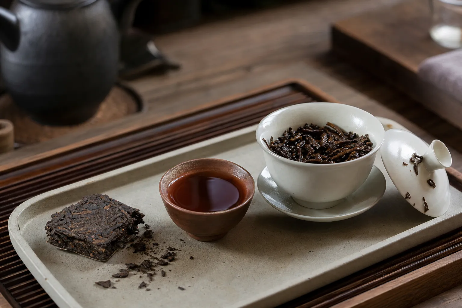 Small piece of Fu brick tea beside brewed dark tea liquor for judging steep strength