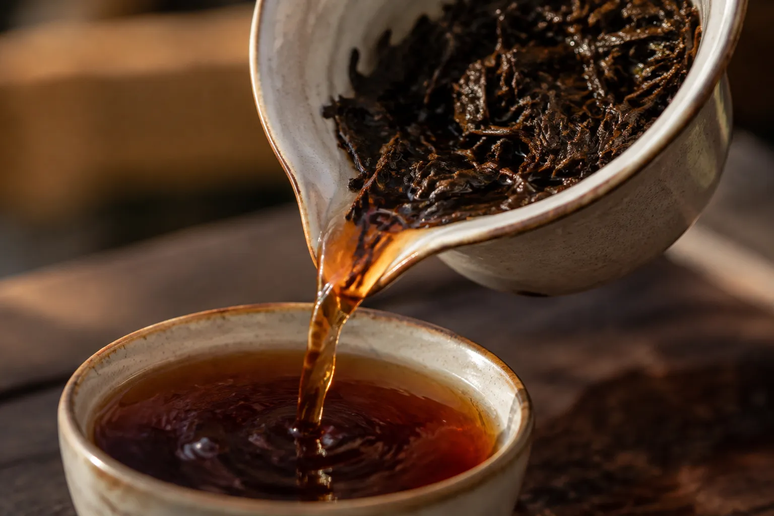 Dark tea liquor pouring from a small gongfu vessel while wet leaves show extraction strength