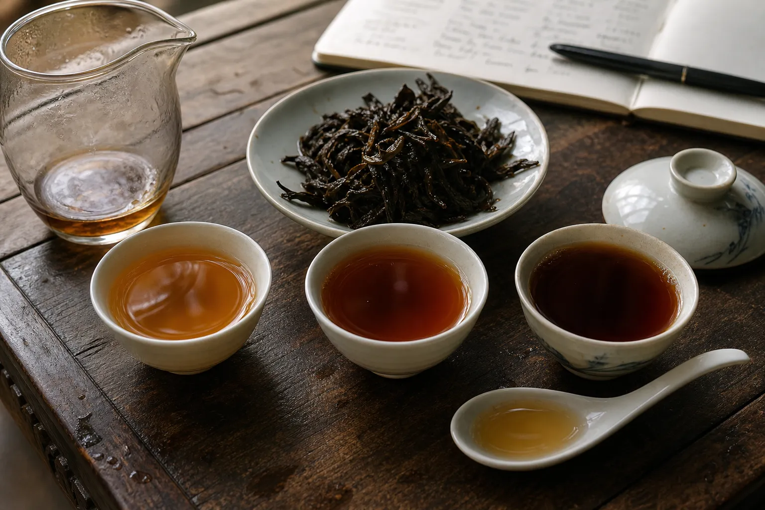 Small cups of loose leaf dark tea showing different liquor depth used with aroma and texture cues