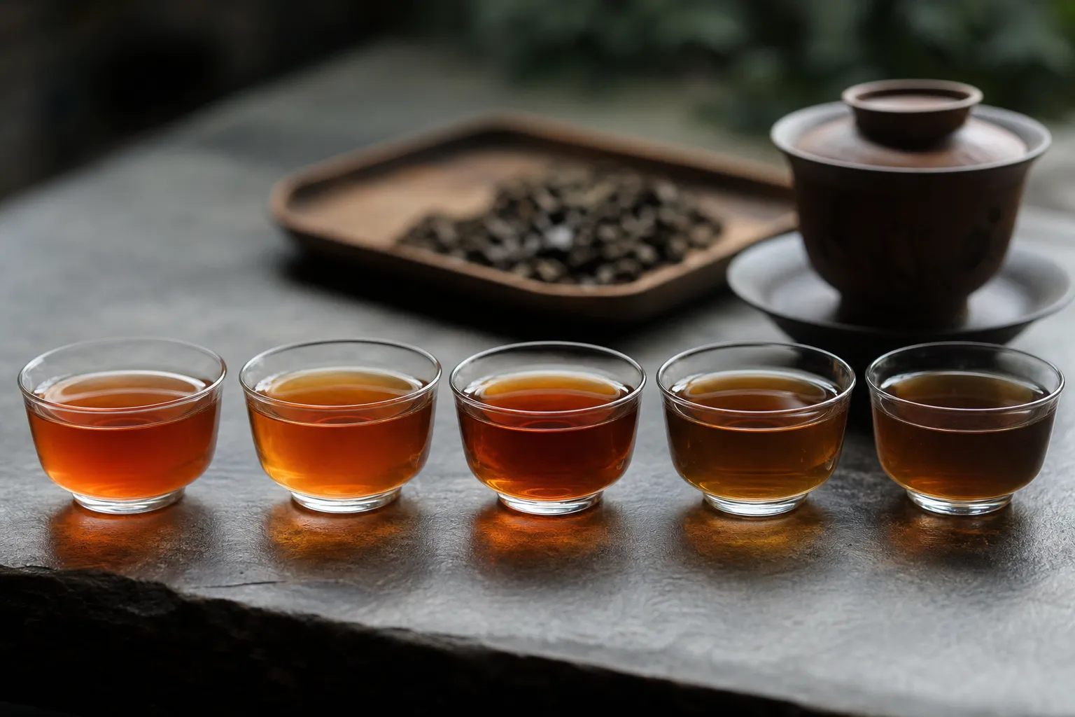 Series of small dark tea cups showing changing liquor color across gongfu infusions