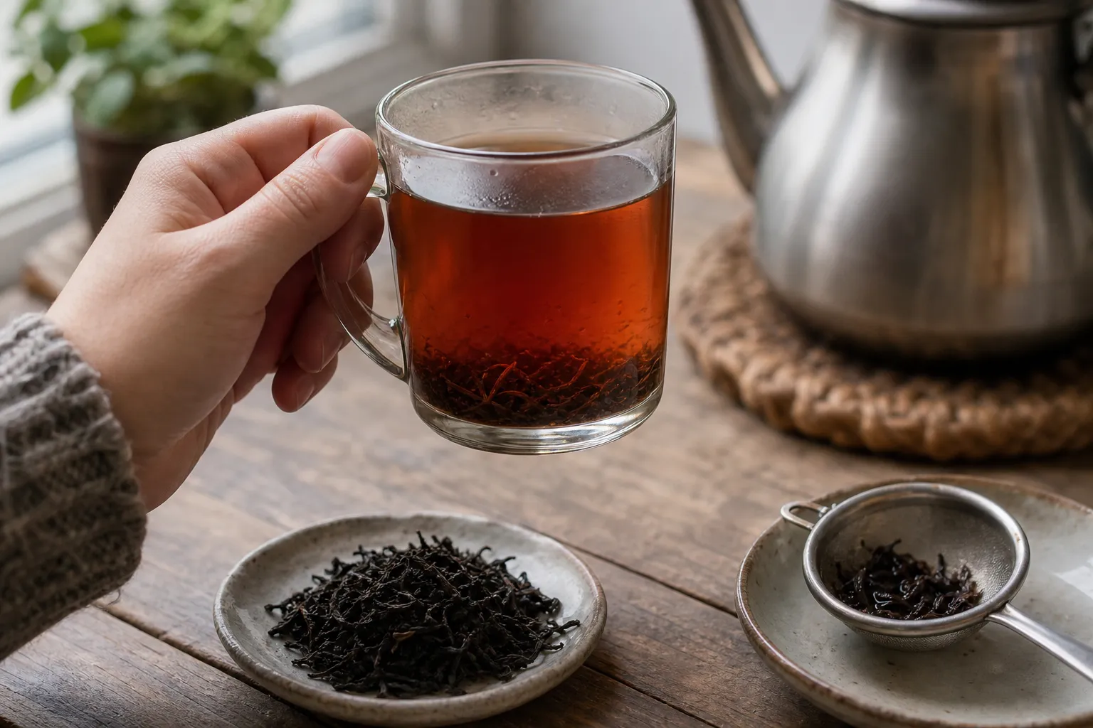 Dark tea liquor in a mug being checked for color before the cup becomes too concentrated