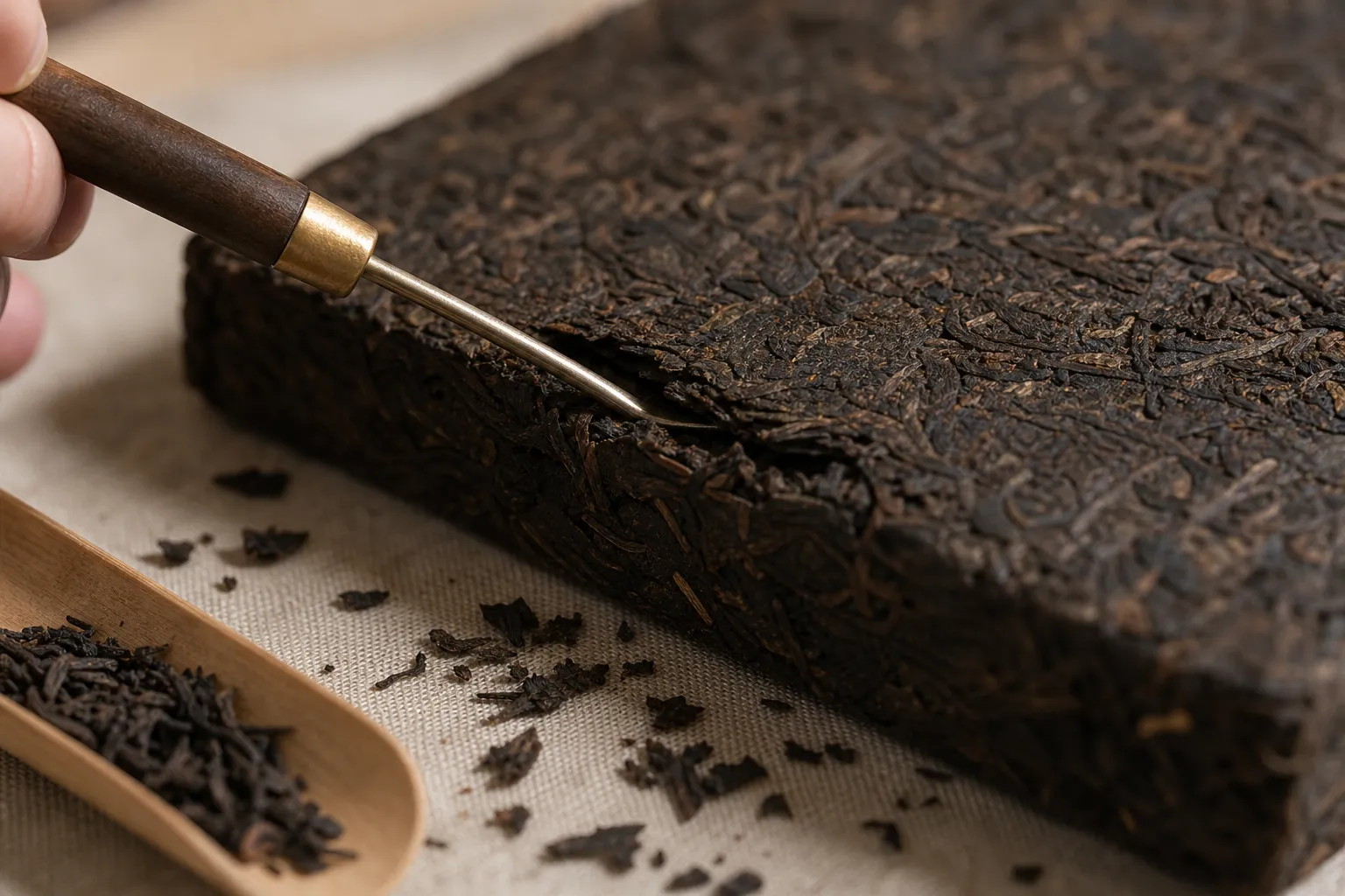 A tea pick loosening a compressed dark tea brick along its layers with small leaf fragments nearby