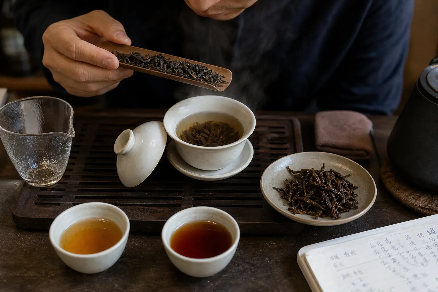 Dark tea leaves, a small brewing vessel, and cups used to check aroma, liquor color, and steeping response